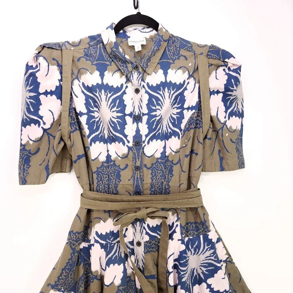 Making The Cut Tie Dress Handkerchief Hem Button Down Short Puff Sleeves Medium - Picture 4 of 15